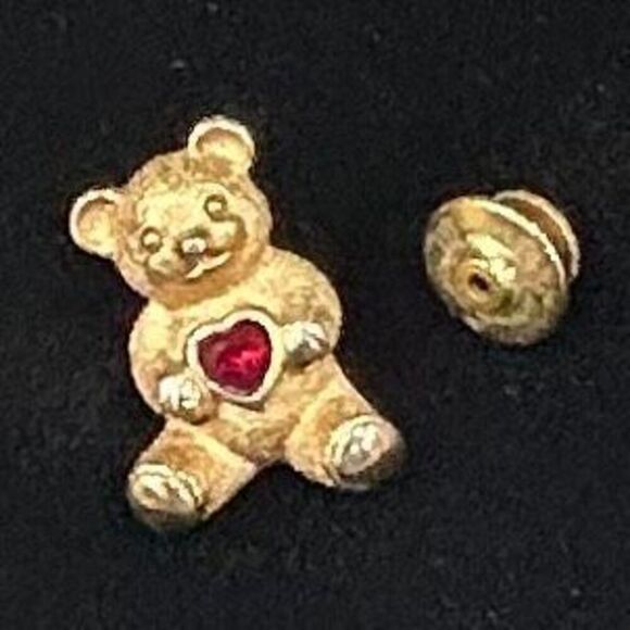 Vintage Avon Gold Tone Bear Red Rhinestone Hummingbird Green Eye Set of 2 - Picture 6 of 10